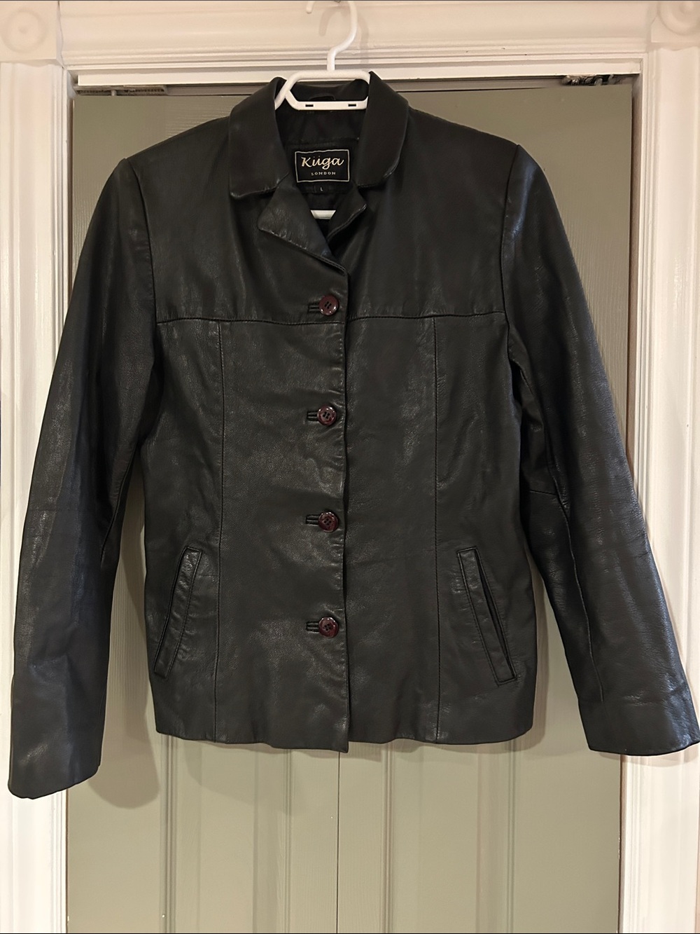 Kuga London Women's Classic Black Leather Button Jacket